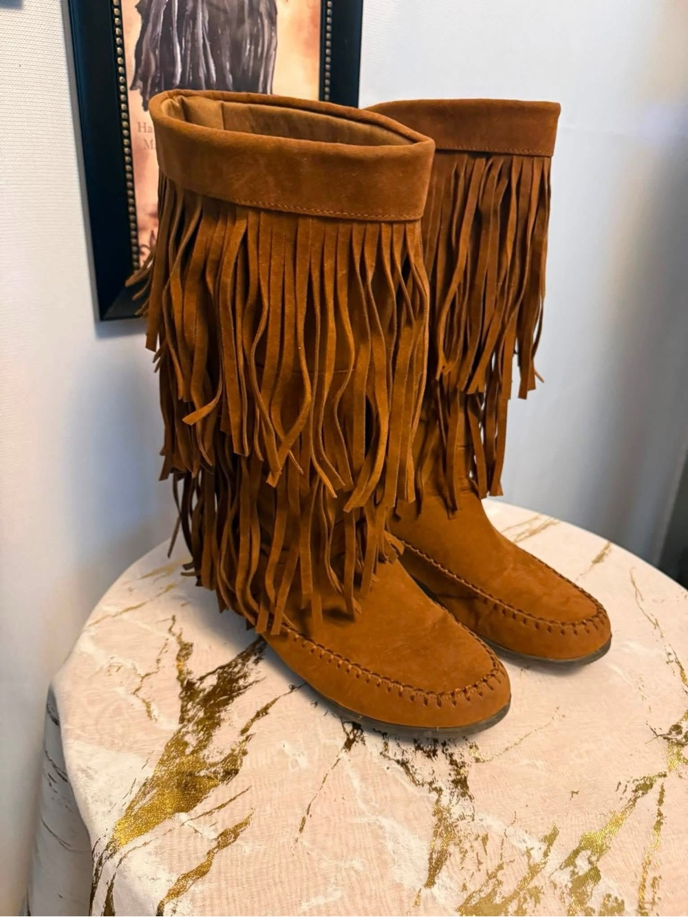 Fringe Suede Moccasin Boots - Brown